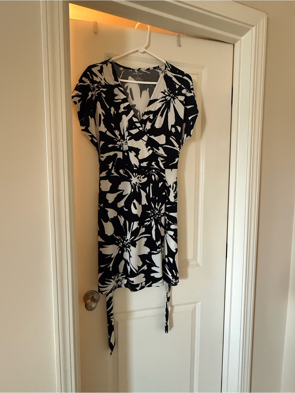Nine West Black and White Floral Wrap Mini Dress